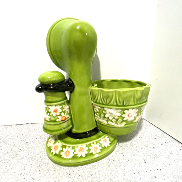 Vintage 1970 ceramic flower pot planter vase green white daisy candlestick phone - Picture 4 of 10